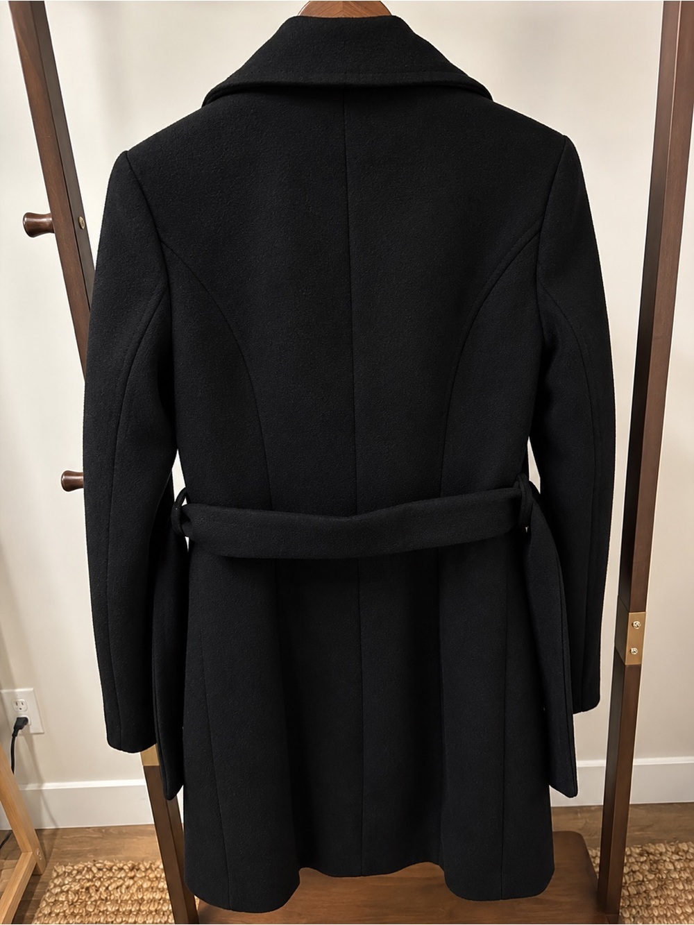 Calvin Klein Black Wool Blend Belted Wrap Coat Oversized Lapel Women’s Size S - Picture 4 of 5